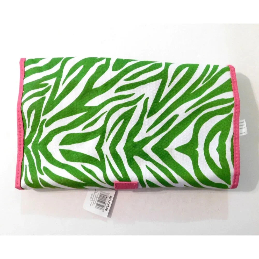 Zebra Print Tote Travel Cosmetic Case Wristlet Set Monogram T Green Pink Canvas - Picture 5 of 11